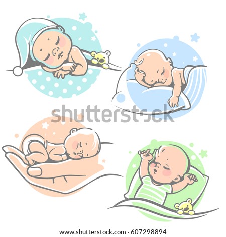 Set with cute little baby sleeping.Children lying on pillow under blanket. Boy with teddy bear in bed. Girl sleep on stomach. Different sleeping positions. Sketchy style. Vector illustrations.