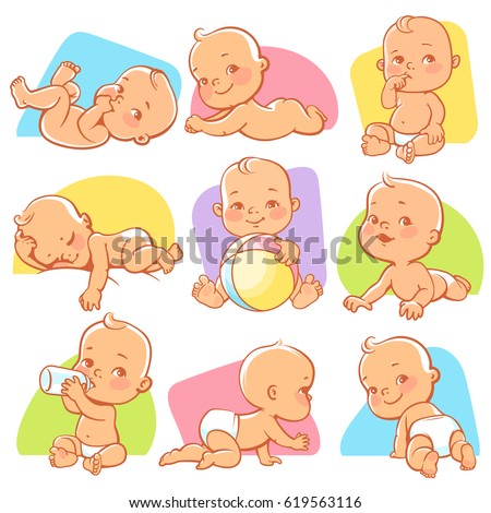 Set with cute little baby in different situations. Playing, sleeping, sitting, lying, crawling baby. Happy smiling newborn boy or girl. Vector illustration.