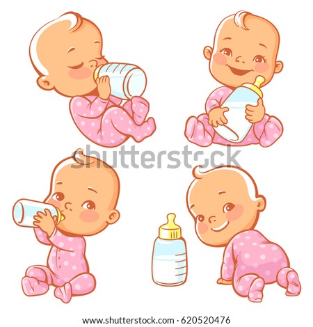 Set with cute little baby with bottle of milk. Newborn baby girl in pink pajamas drink milk.. Feeding newborn with formula or mother's milk. Happy toddler smile, crawl, sit, lie. Vector illustration. 商業照片 © 
