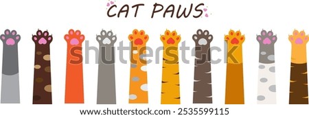 cat paws in orange, grey, brown, white with natural cat colors with claws, without claws template with editable stroke and fill 