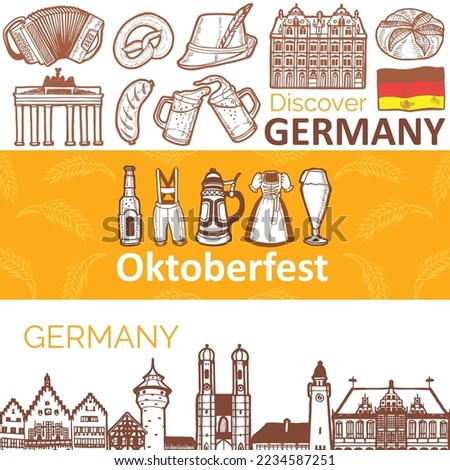 German Banners Set. Oktoberfest and German Symbol Horizontal Banners in Hand Drawn Style for Surface Design Fliers Banners Prints Posters Cards. Vector Illustration