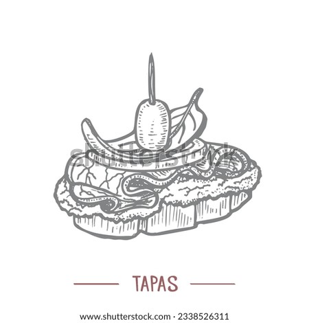 Tapas. Traditional Spanish Food in Hand Drawn Style for Surface Design Fliers Banners Prints Posters Cards Menu. Vector Illustration