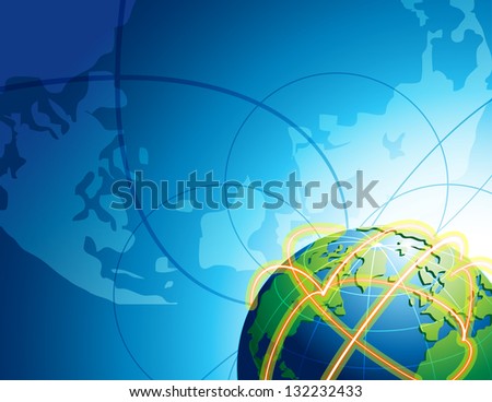 Abstract background with globe in space. Earth with light traces on surface of planet.