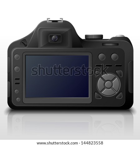 Back side of modern digital camera. Lcd screen of DSLR photo camera with control buttons. Qualitative vector image about photo, camera, digital photography, multimedia, photography equipment, etc.