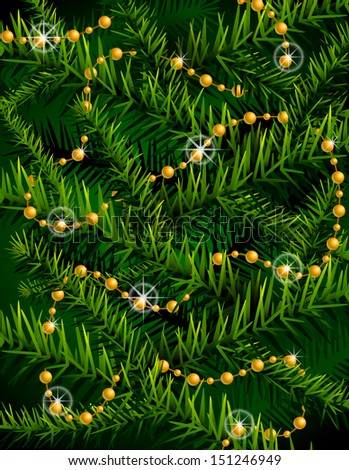 Christmas tree branches and decorative beads. New Year backdrop with branches and decoration. Qualitative background for new year\'s day, christmas, winter holiday, design, new year\'s eve, silvester