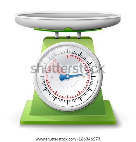 Weight scale on white background. Weighing scales with pan and dial. Qualitative vector (EPS-10) illustration for weight measurement, kitchen appliances,  measuring tool, etc