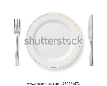 White plate with fork and knife, top view. Empty dinner plate with cutlery set isolated on white background