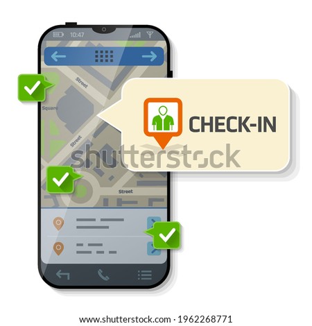 Smartphone with message bubble about check-in. Dialog box pop up over screen of phone
