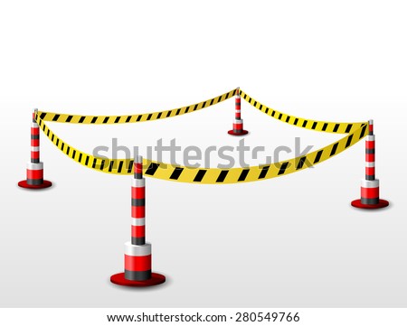 Empty fenced restricted area. Zone with barrier tape and bollards. Qualitative vector illustration for security, protection, enclosure, etc. It has transparency, blending modes, gradients 