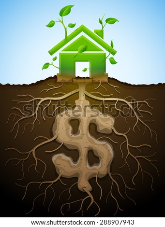 Growing house sign as plant with leaves and dollar as root. Home and money symbol in shape of plant parts. Image for mortgage, green building, real estate, investment, construction, sustainability