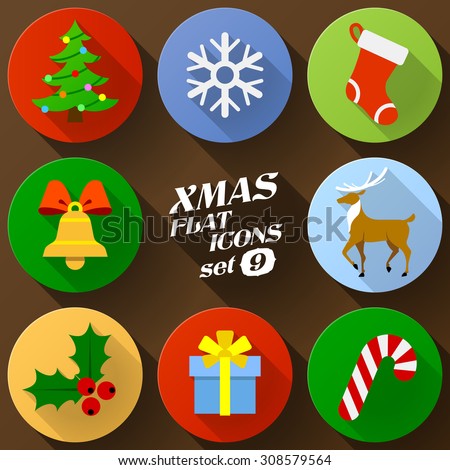 Color flat icon set of christmas elements. Pack of symbols for new year holiday. Qualitative vector graphics for christmas, new year\'s day, winter holiday, design, silvester, etc