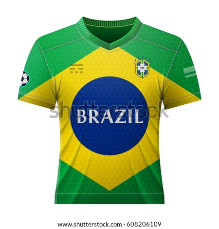 Soccer shirt in colors of brazilian flag. National jersey for football team of Brazil. Vector illustration
