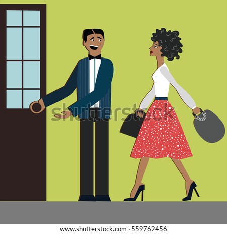 Good manners. man open the door for woman.etiquette. decorum.shopping woman.elegant dress and hills.african woman