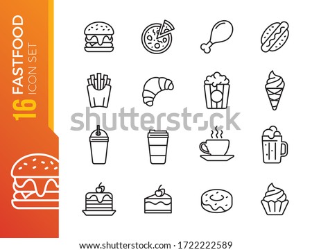 Fast food line icon set. Burger sandwich pizza hot dog cola coffee sweets