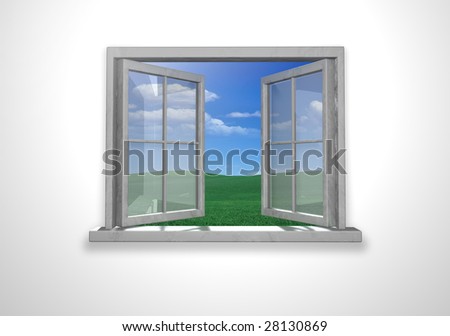 open white window. blue sky and green field