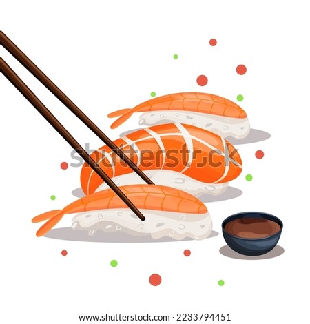 Sushi with salmon and shrimp and chopsticks on a white background. Vector illustration