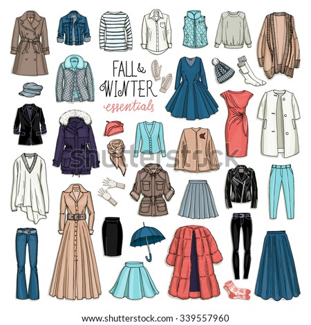 Vector Illustration Of Female Fall And Winter Fashion Collection Of ...