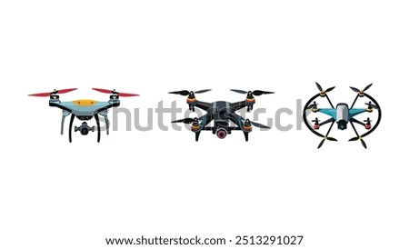 Isometric drones, flying quadcopter with white background. Remote control, unmanned aerial drones vector illustration set. Electronic quadcopters. Drone unmanned, robot helicopter