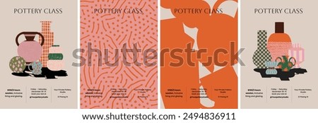 Set of four vibrant Pottery Class posters featuring modern, minimalist designs with pottery illustrations and abstract patterns. Ideal for art workshops and creative event promotions.