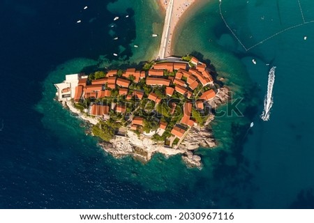 Image, Stock Photo Aerial view at Sveti Stefan islet in Montenegro