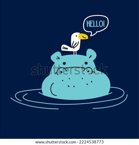 Cute hippo and bird on the water background. vector illustration