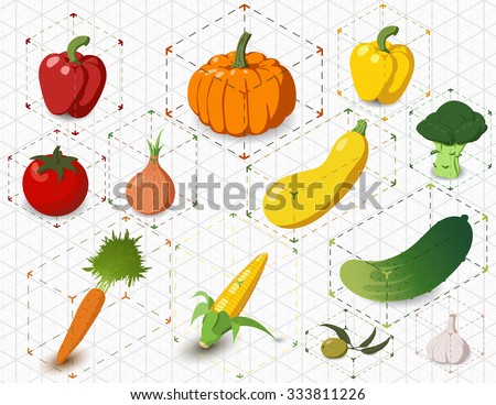 set of isometric vegetables in bounding box