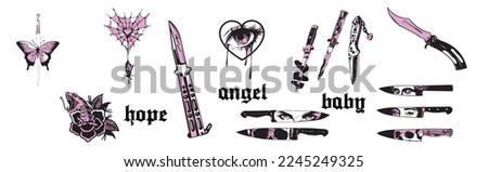 Y2k glamour pink stickers. Butterfly, kawaii bear, fire, flame, chain, heart, tattoo and other elements in trendy emo goth 2000s style. Vector hand drawn icon. 90s, 00s aesthetic. Pink pastel colors.
