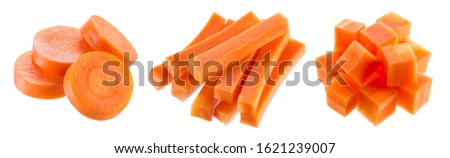 Carrot isolate. Carrots on white background. Carrot slice, sticks, cubes. 