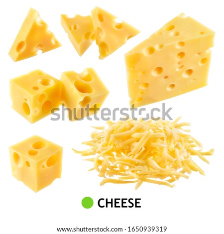 Cheese isolated. Cheese piece, cube, triangle on white background. Grated cheese. Cheese collection. 