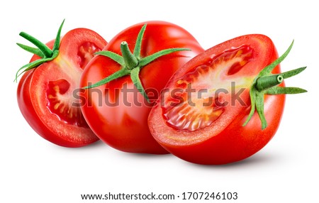 Tomatoes isolated on white background. Tomato isolate. Tomatoes side view. Whole, cut, slice tomatoes. Clipping path.