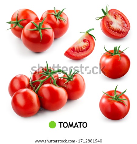 Tomatoes on white background. Tomato isolated. Tomatoes set. Whole, half, cut, sliced tomatoes. Tomato on branch.