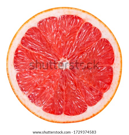 Grapefruit slice isolated. Pink grapefruit round slice on white. Grapefruit pink. Flat lay. Top view. With clipping path. 