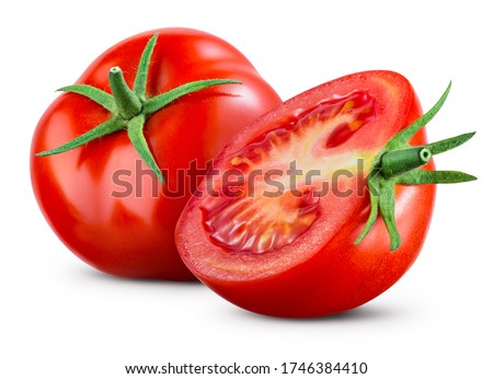 Tomatoes isolate on white background. Tomato half isolated. Tomatoes side view. Whole, cut, slice tomatoes. Clipping path.