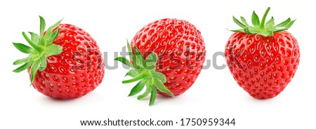 Strawberry isolated. Strawberries with leaf isolate. Whole strawberry on white. Strawberries isolate. Top view strawberries set. Full depth of field.