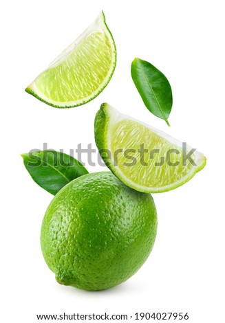 Lime fruit isolate. Falling lime slices with leaves. Flying fruit. Lime whole, half, slice, leaf on white.  Full depth of field.