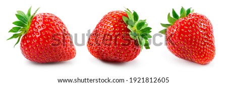 Strawberry isolated. Whole strawberries with leaf on white background. Side view set. Full depth of field.