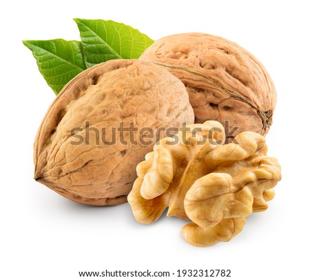 Walnut with leaf isolate. Walnuts peeled and unpeeled with leaves on white. Walnut nut side view. With clipping path. Full depth of field.