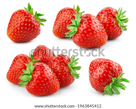 Strawberry isolated. Strawberries with leaf isolate. Whole strawberry on white. Side view strawberries set. Full depth of field.