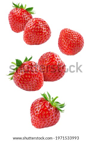 Strawberry isolated.Â Flying strawberries on white background. Falling strawberries on white. Side view. Full depth of field.