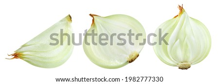 Cut onion bulb isolated. Onion half and slice on white background. Cut onion collection. Full depth of field. With clipping path.