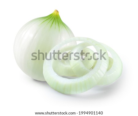 Peeled onion bulb isolated. Whole onion and onion rings on white background. Full depth of field. With clipping path.
