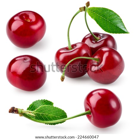 Cherry with leaves isolated on white. Collection.