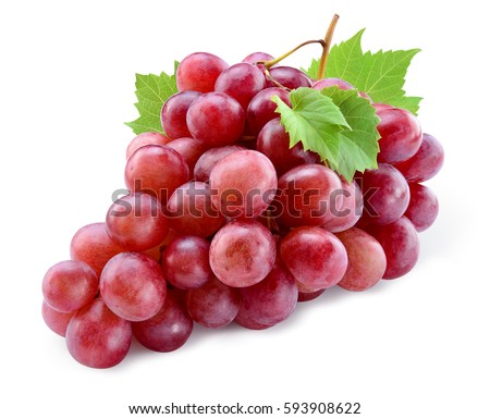 Ripe red grape. Pink bunch with leaves isolated on white. With clipping path. Full depth of field. 商業照片 © 