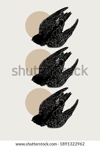 Vector hand drawn flat  illustration of swift with circle isolated. Tattoo artwork.  Template for card, poster, banner, print for t-shirt, pin, badge, patch.