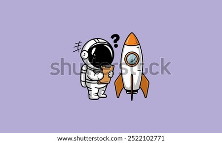 Astronaut holding a clipboard beside a small orange rocket.