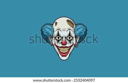 Creepy clown with a wide grin and unsettling expression.