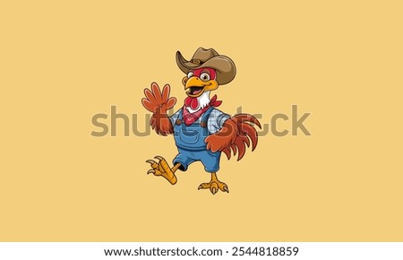 Cartoon rooster in farmer attire waving cheerfully.