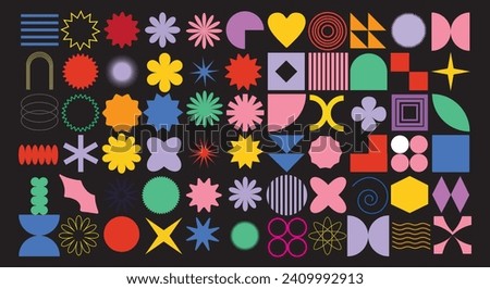 Set of abstract retro geometric shapes vector. Collection of contemporary figure, sparkle, circle, line in 70s groovy style. Bauhaus Memphis design element perfect for banner, prints, stickers, decor.