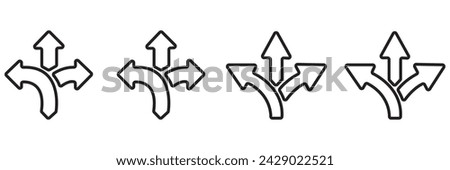 Choice between three roads icon set. Three-way directional arrow. Way, road, direction, branching, arrows , Icon for design. Easily editable, pathway, opportunity, logo, split, choose, three concept,