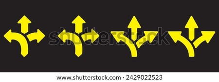 Choice between three roads icon set. Three-way directional arrow. Way, road, direction, branching, arrows , Icon for design. Easily editable, pathway, opportunity, logo, split, choose, three concept,